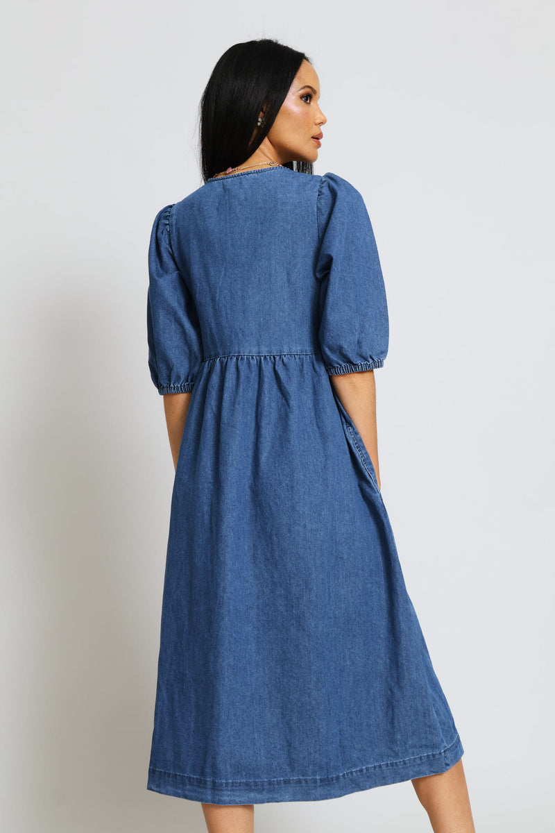 Puff Sleeve 1/2 Placket Fit & Flare Midi Dress - Mid Wash