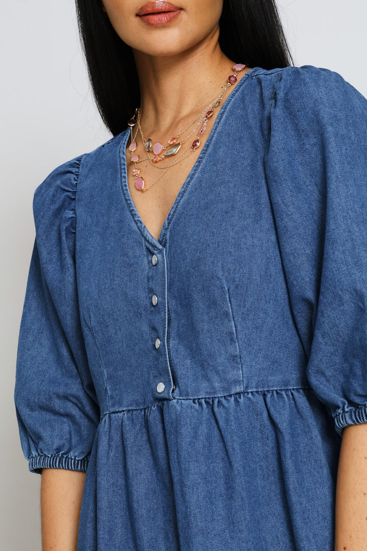 Puff Sleeve 1/2 Placket Fit & Flare Midi Dress - Mid Wash
