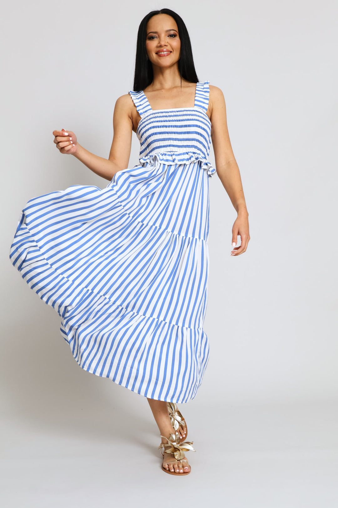 Frill Strap Tiered Shirred Maxi Dress - White/Blue