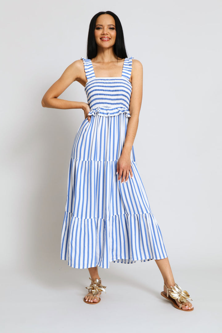 Frill Strap Tiered Shirred Maxi Dress - White/Blue
