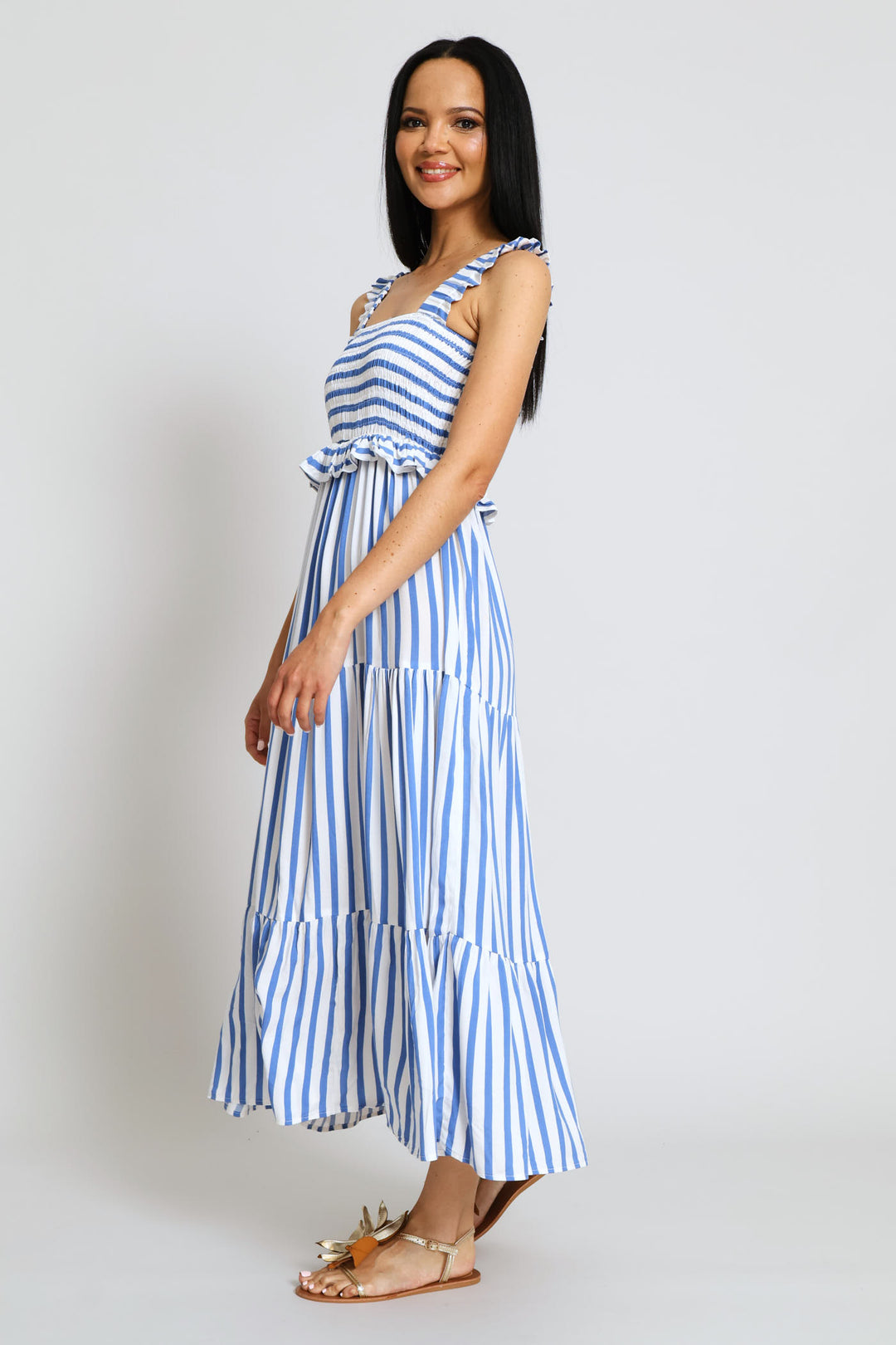 Frill Strap Tiered Shirred Maxi Dress - White/Blue