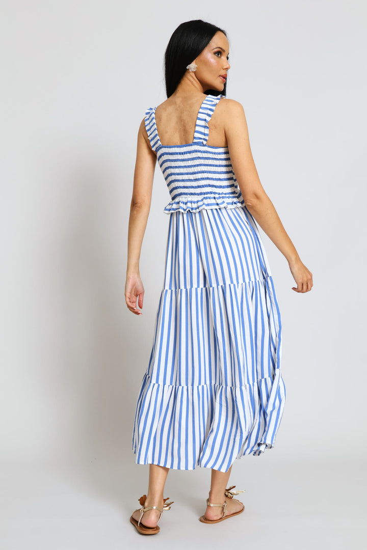 Frill Strap Tiered Shirred Maxi Dress - White/Blue