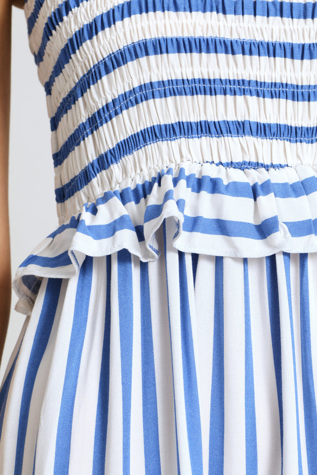 Frill Strap Tiered Shirred Maxi Dress - White/Blue