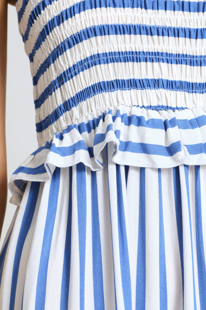 Frill Strap Tiered Shirred Maxi Dress - White/Blue
