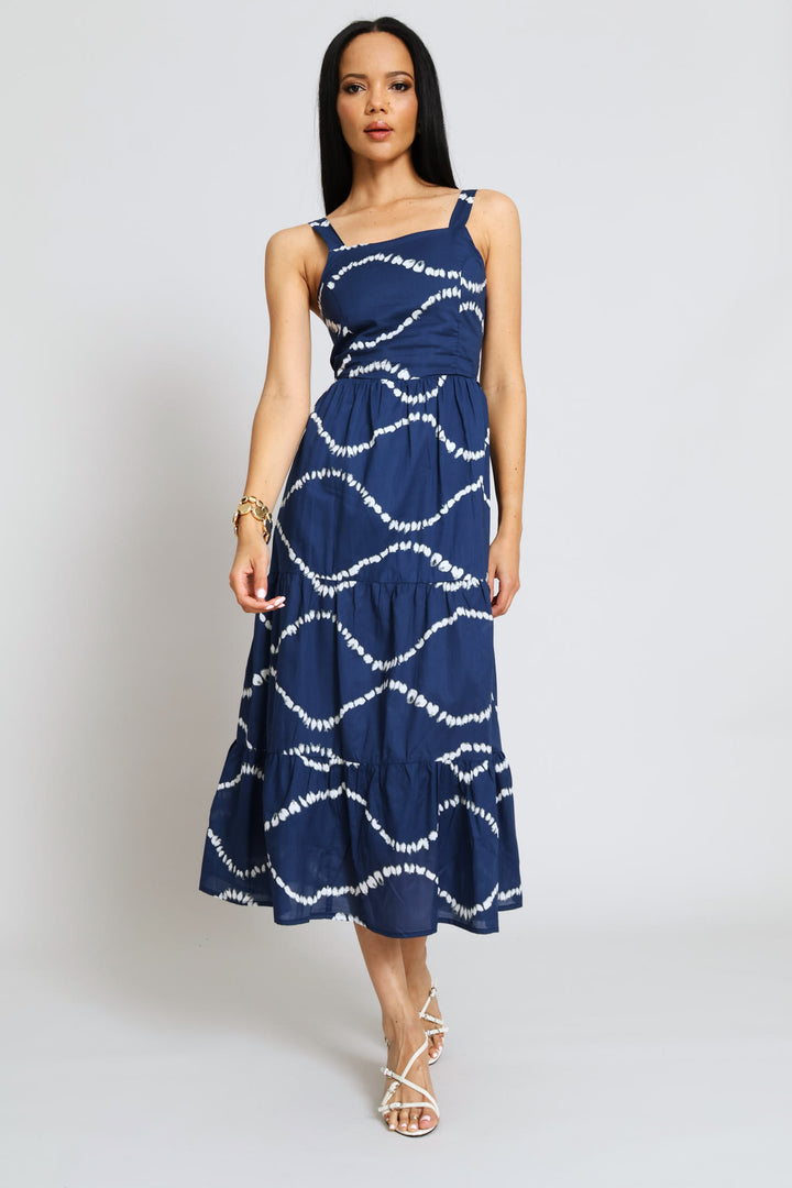Strappy Back Lace Up Tiered Maxi Dress - Navy/White