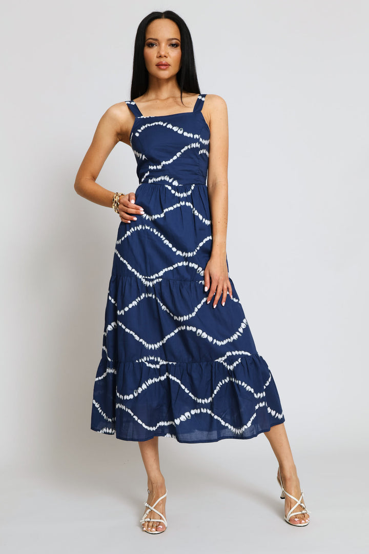 Strappy Back Lace Up Tiered Maxi Dress - Navy/White