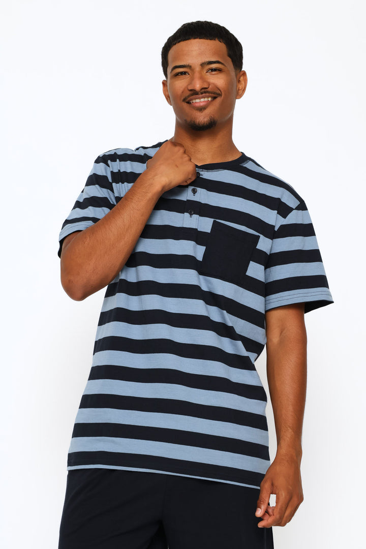 Stripe Yarn Dyed Pocket Henley Top - Mid Blue
