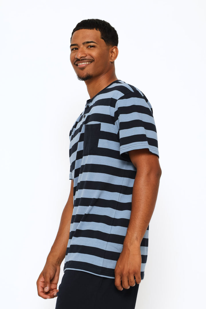 Stripe Yarn Dyed Pocket Henley Top - Mid Blue