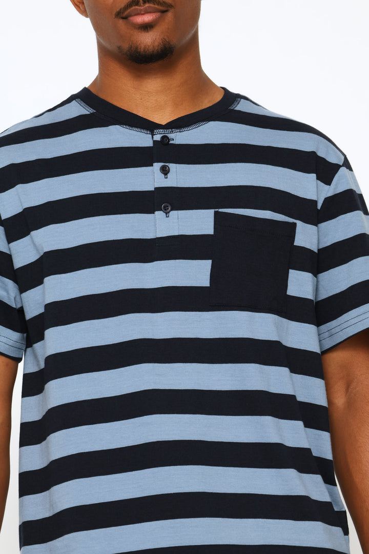 Stripe Yarn Dyed Pocket Henley Top - Mid Blue