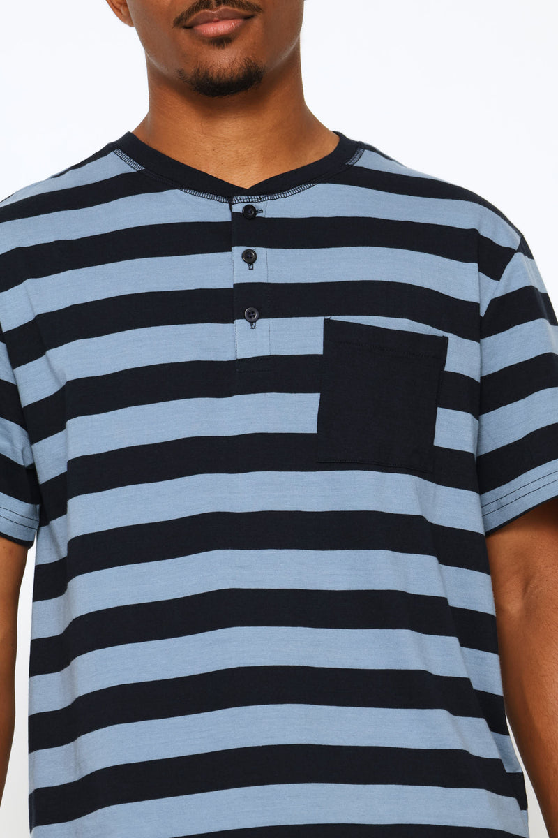 Stripe Yarn Dyed Pocket Henley Top - Mid Blue
