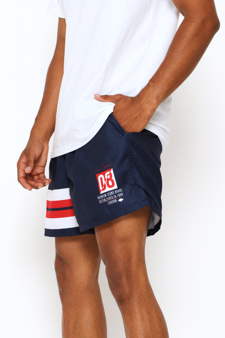 Leg Cuff Stripe Swim Shorts - Navy/Red
