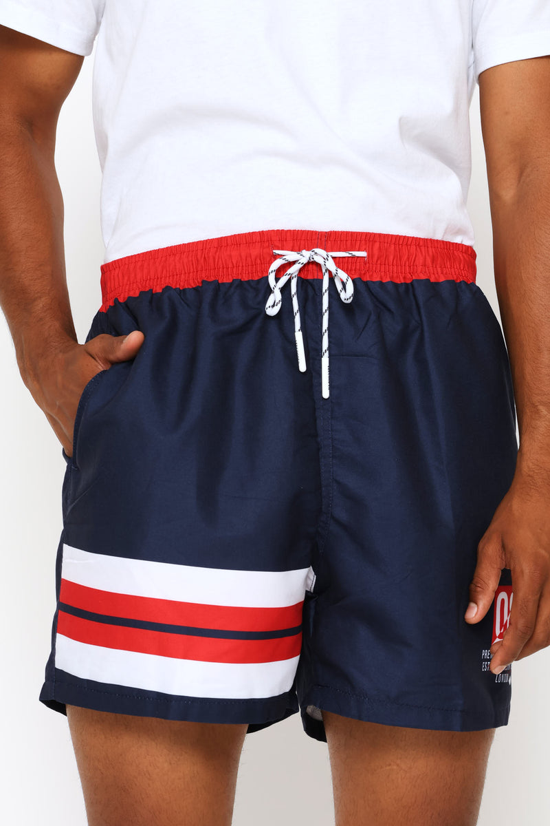 Leg Cuff Stripe Swim Shorts - Navy/Red