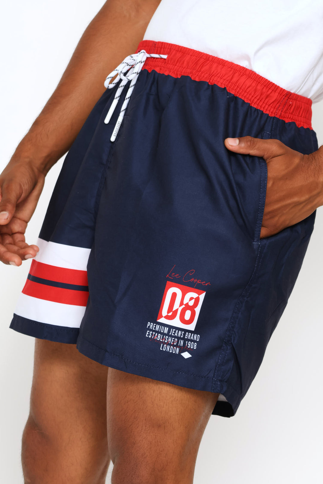 Leg Cuff Stripe Swim Shorts - Navy/Red