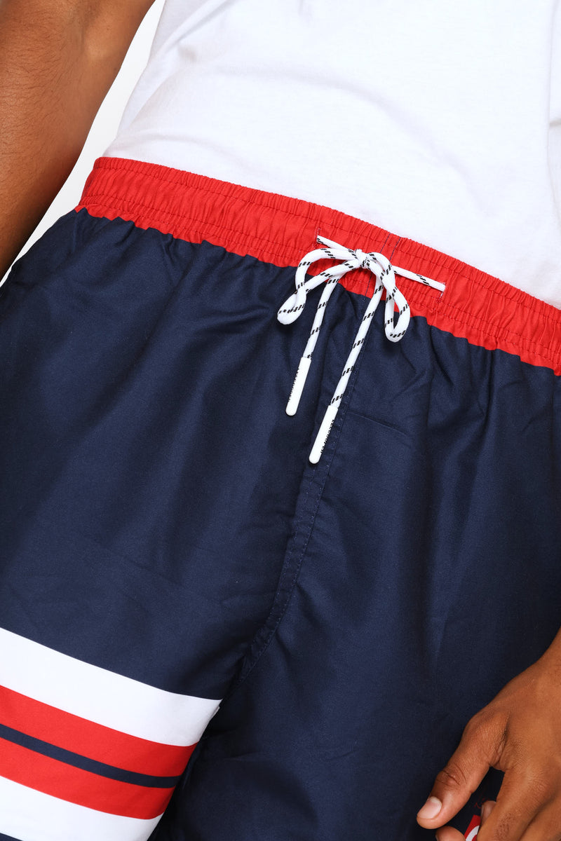 Leg Cuff Stripe Swim Shorts - Navy/Red
