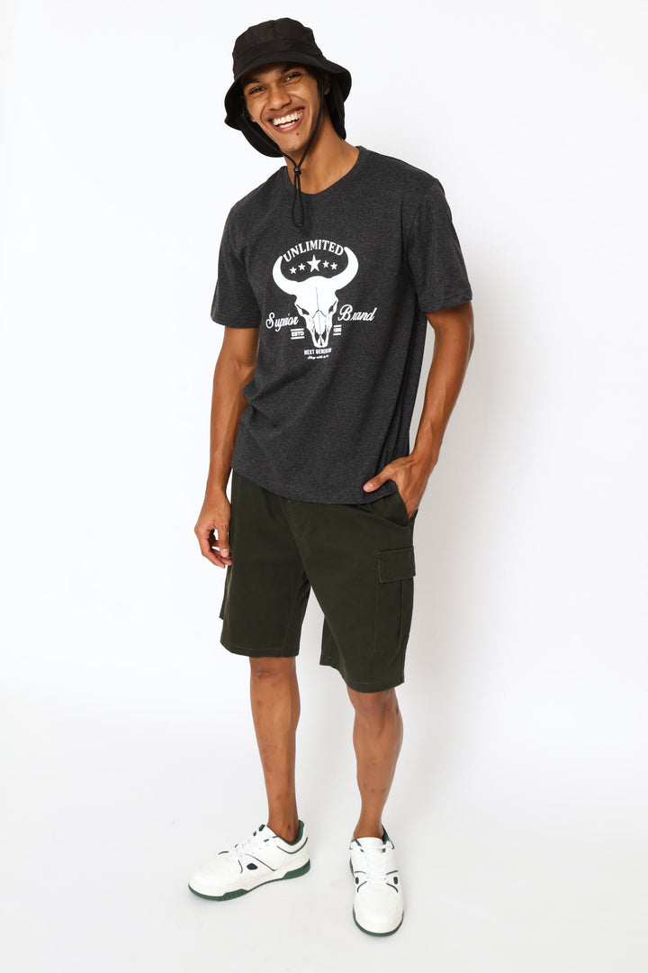 Bull Skull Print Tee - Charcoal Melange