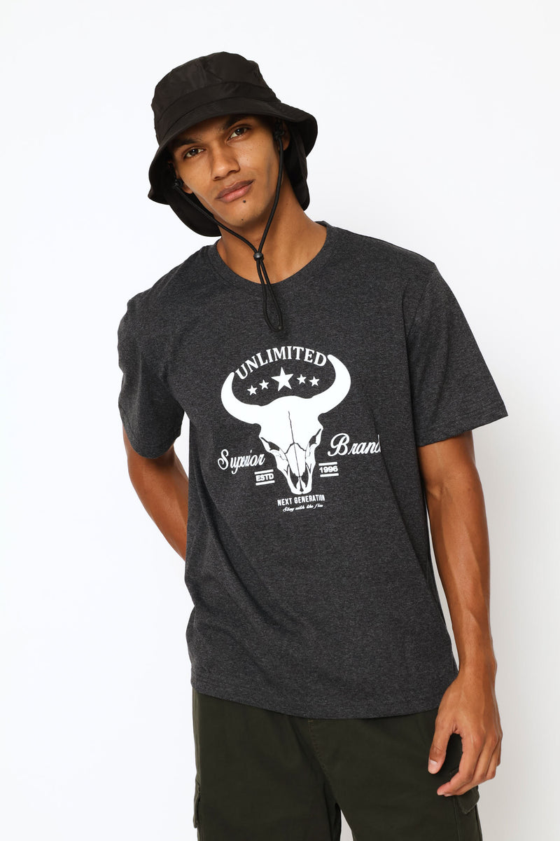 Bull Skull Print Tee - Charcoal Melange