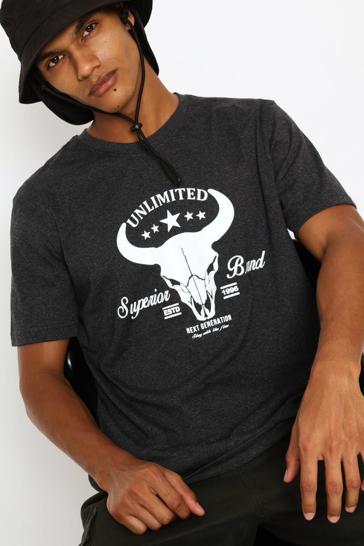 Bull Skull Print Tee - Charcoal Melange