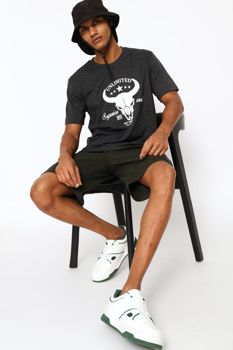 Bull Skull Print Tee - Charcoal Melange