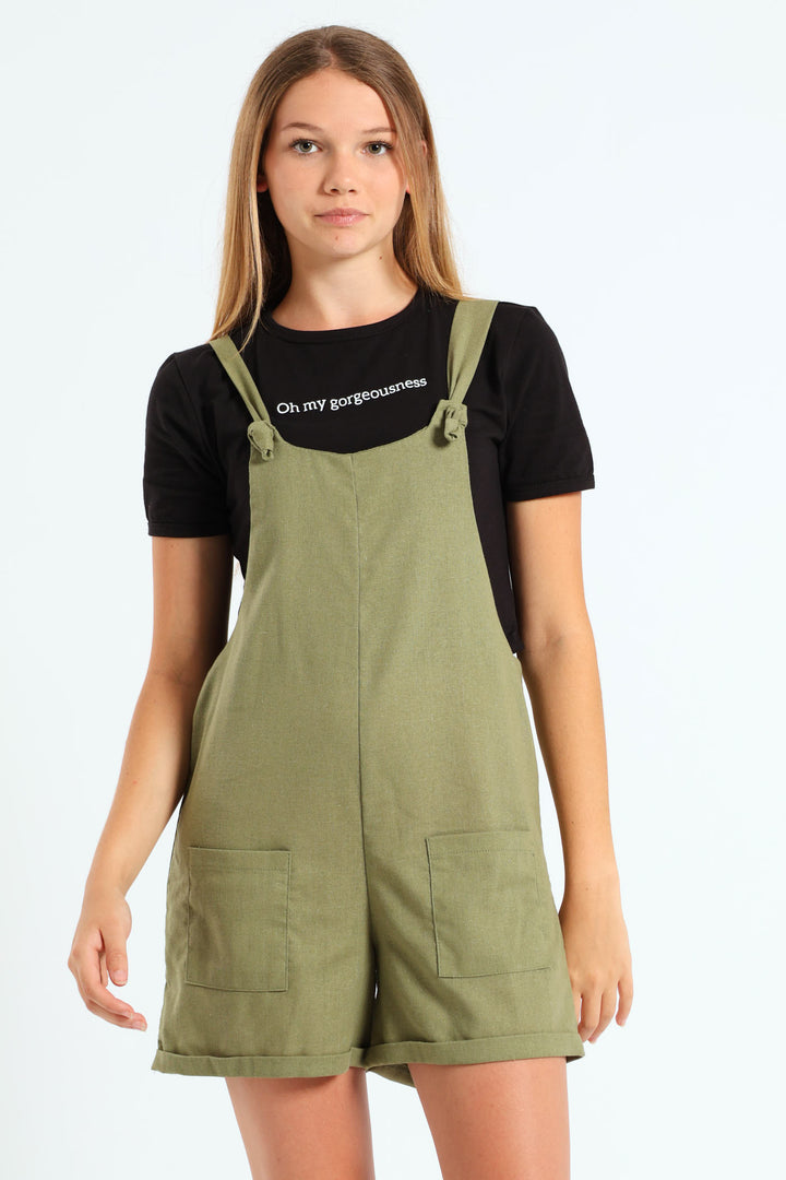 Girls Linen Dungaree - Fatigue