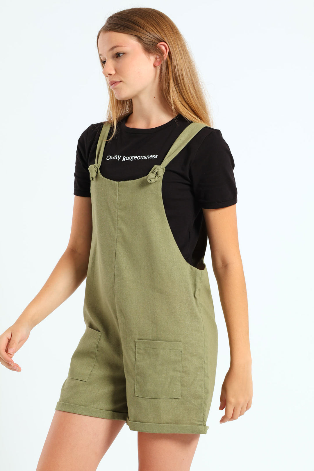 Girls Linen Dungaree - Fatigue