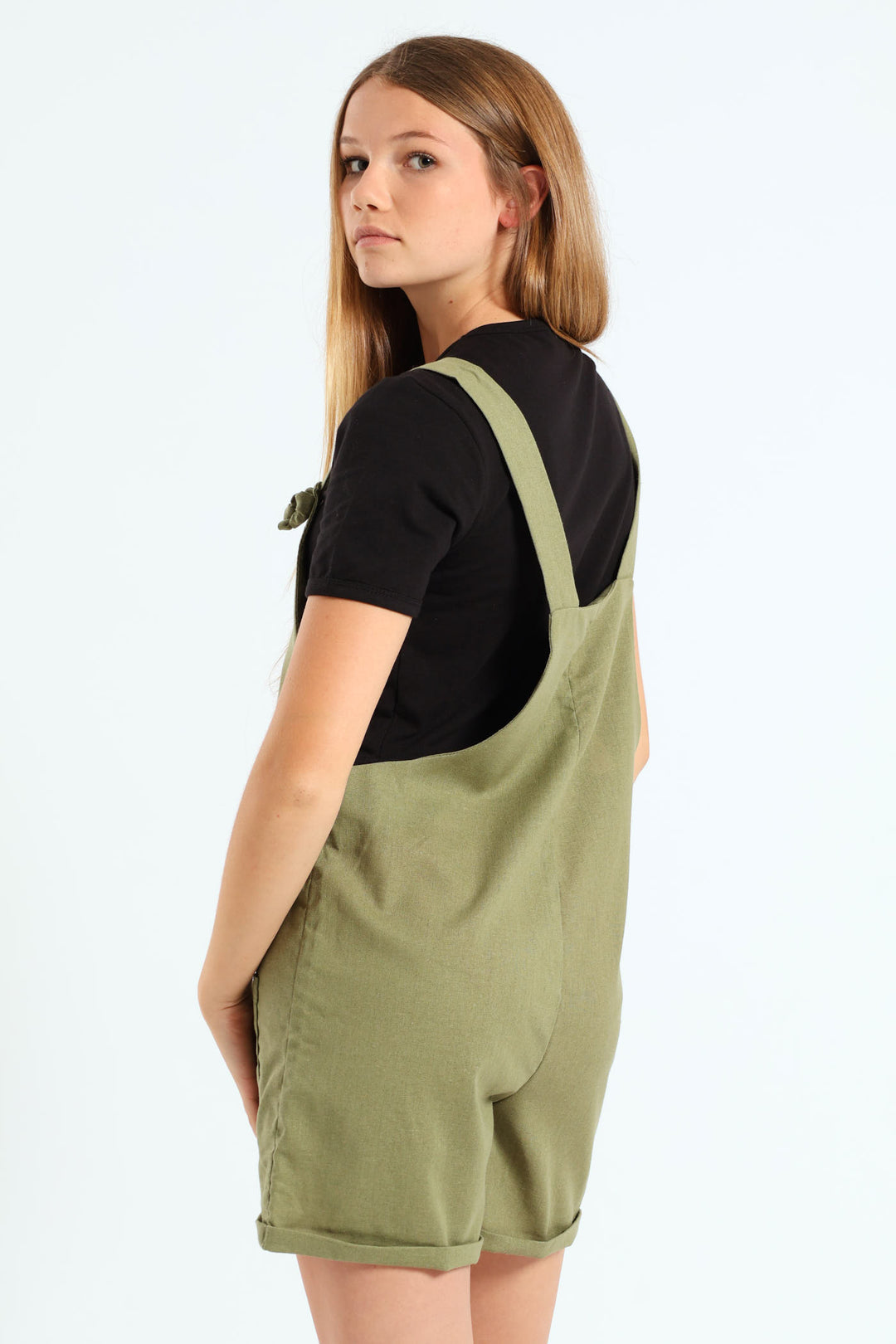 Girls Linen Dungaree - Fatigue