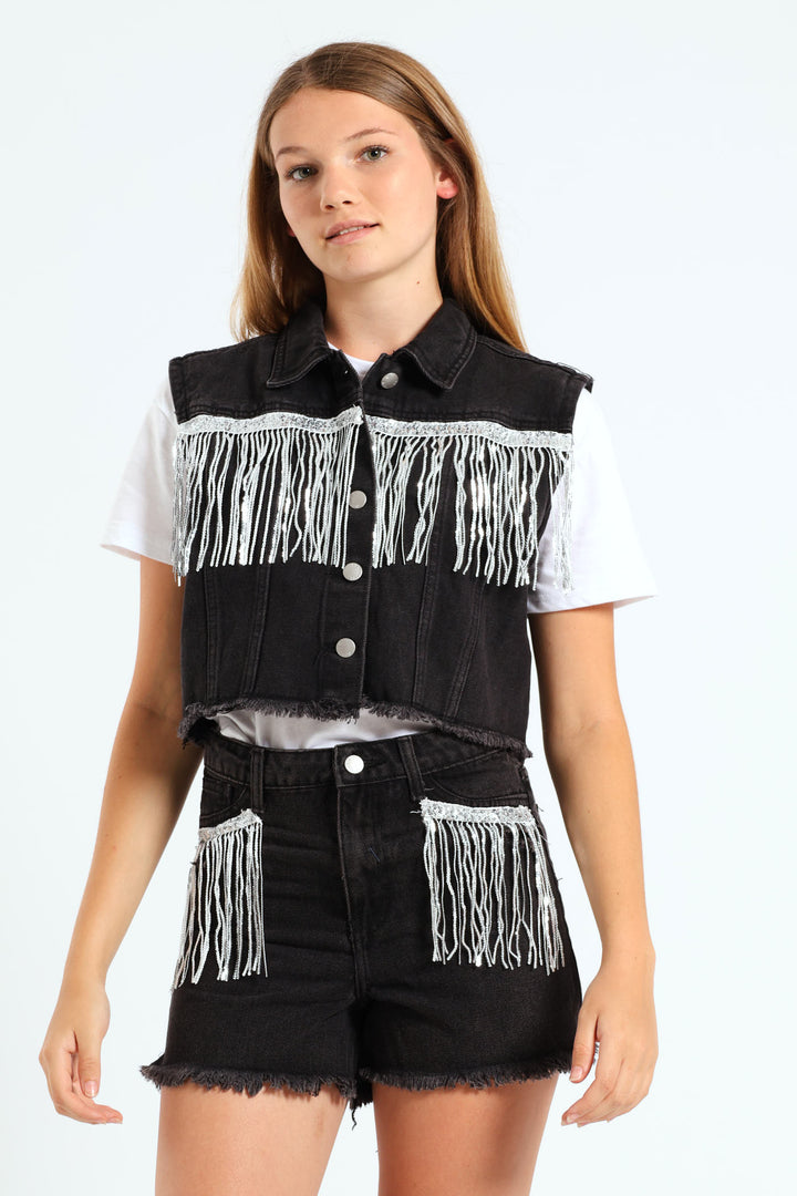 Girls Denim Sequin Fringe Short - Black