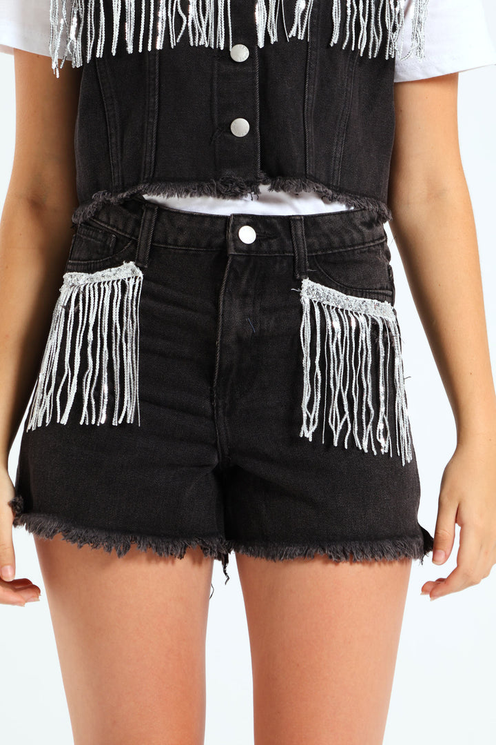 Girls Denim Sequin Fringe Short - Black