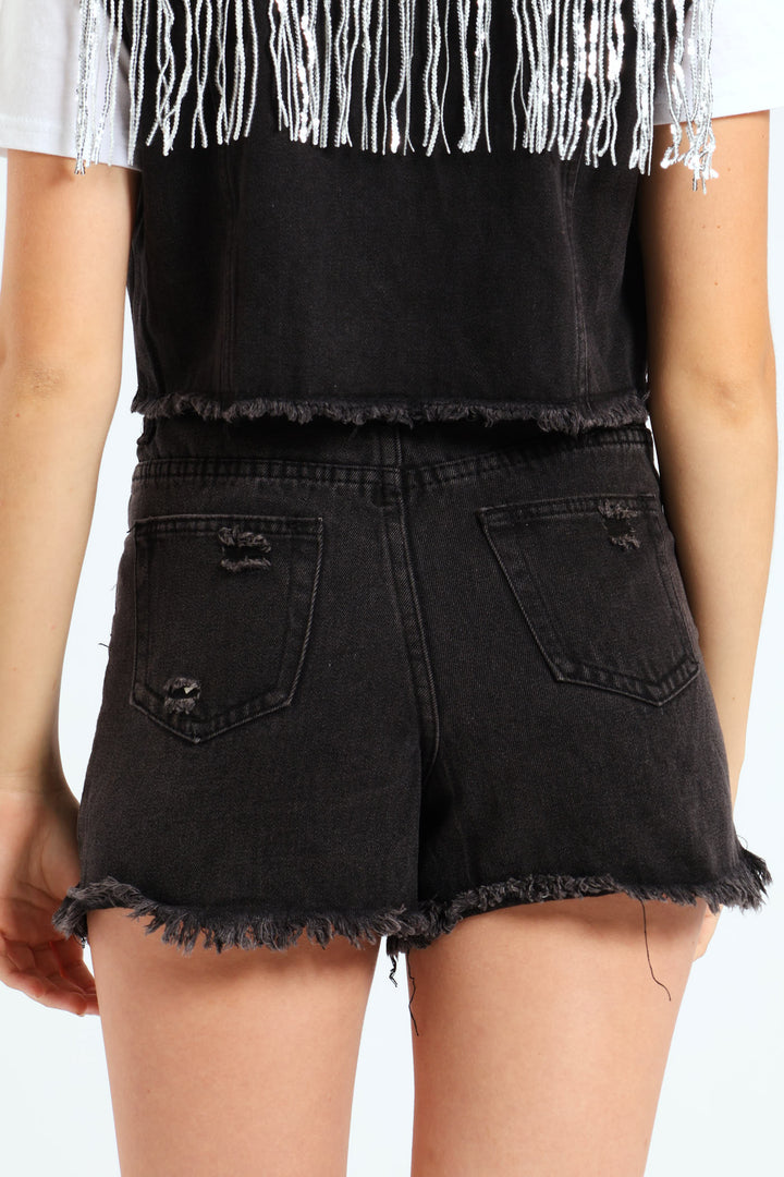 Girls Denim Sequin Fringe Short - Black