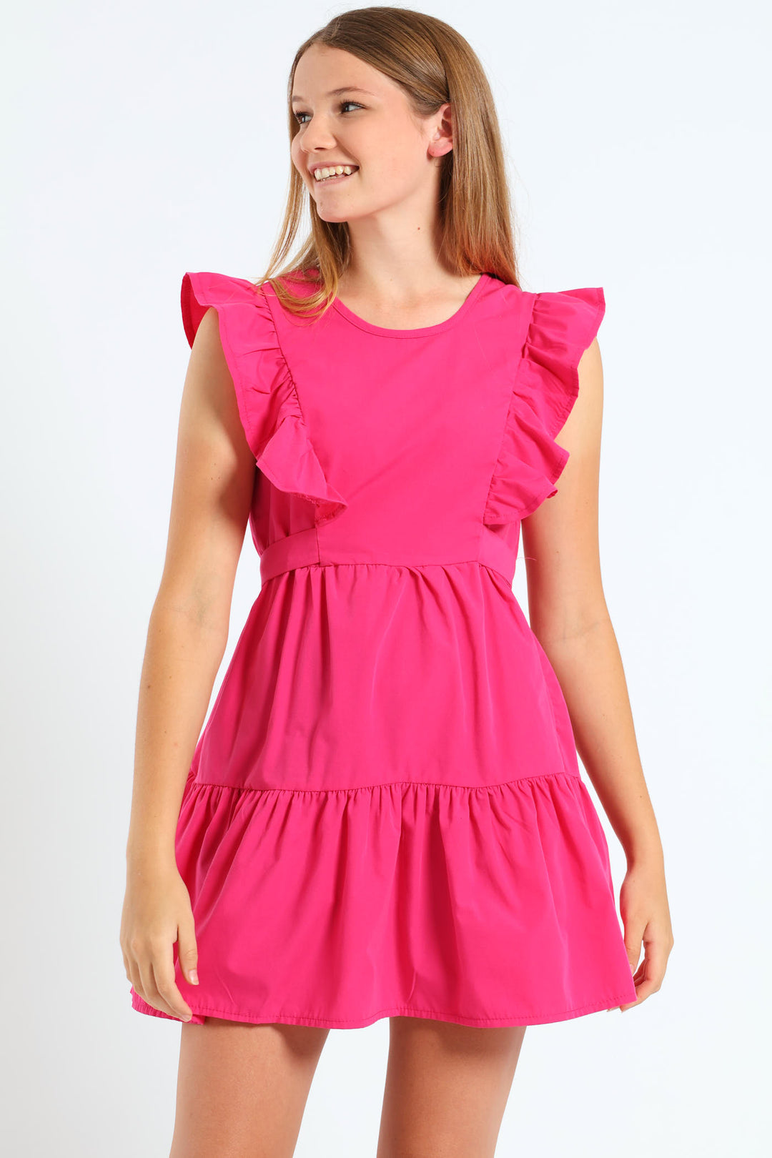 Girls Frill Tiered Poplin Dress - Cerise