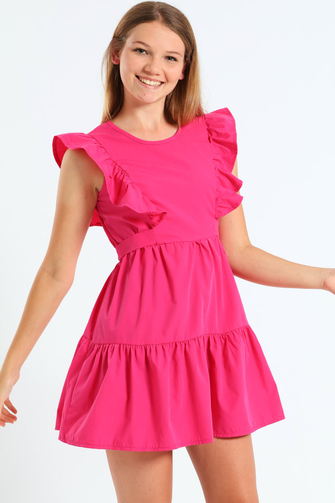 Girls Frill Tiered Poplin Dress - Cerise