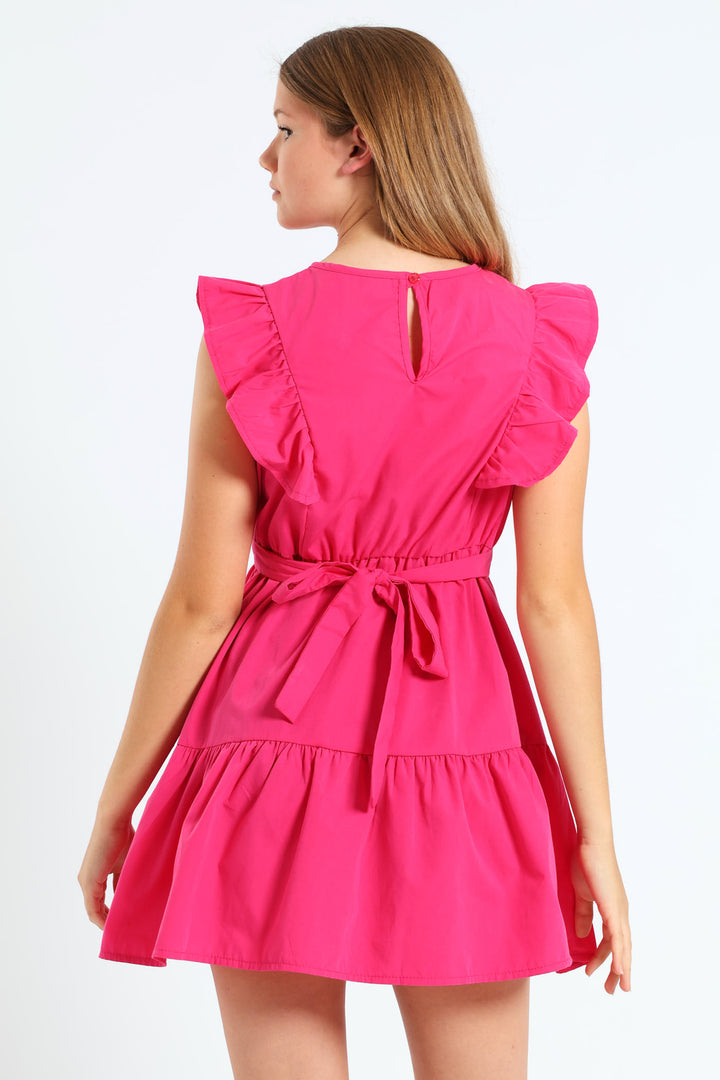Girls Frill Tiered Poplin Dress - Cerise