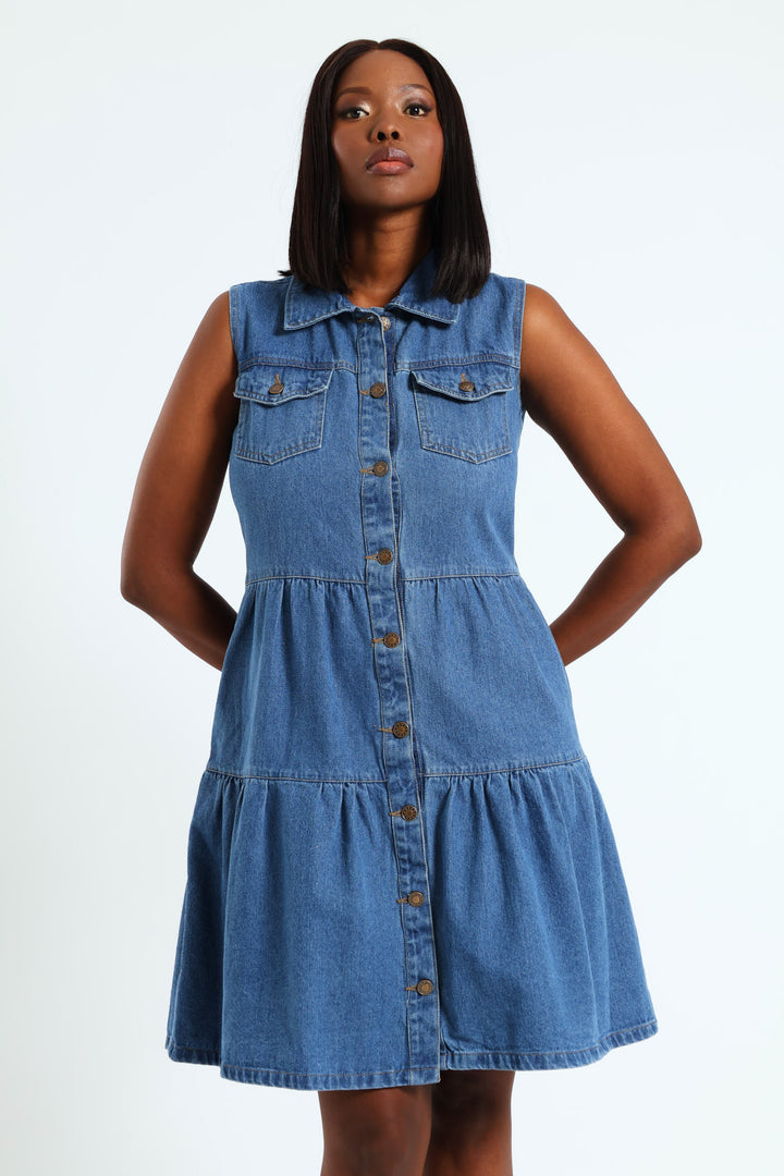 Button Through Tiered Denim Mini Dress With Pocket Flaps - Light Wash