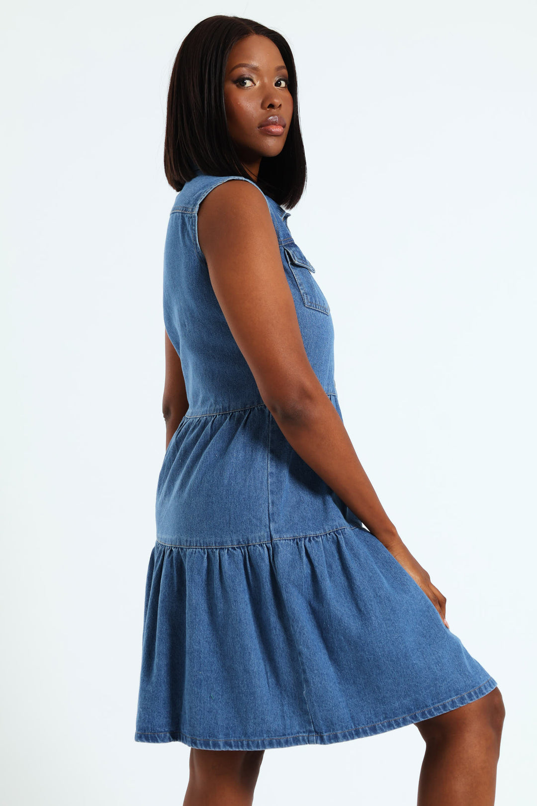 Button Through Tiered Denim Mini Dress With Pocket Flaps - Light Wash