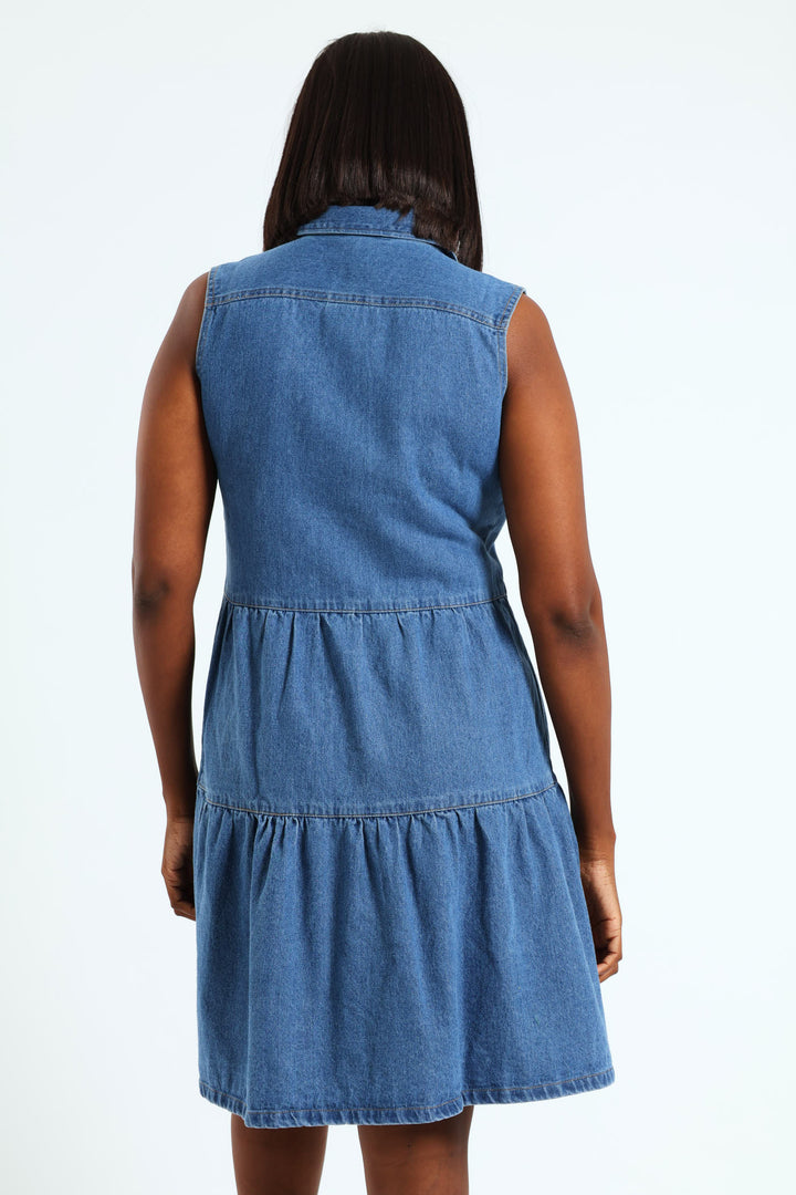 Button Through Tiered Denim Mini Dress With Pocket Flaps - Light Wash