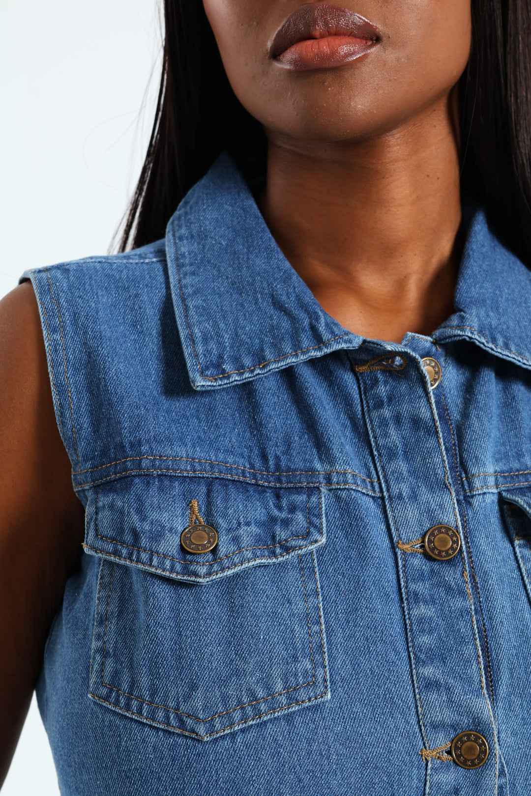 Button Through Tiered Denim Mini Dress With Pocket Flaps - Light Wash