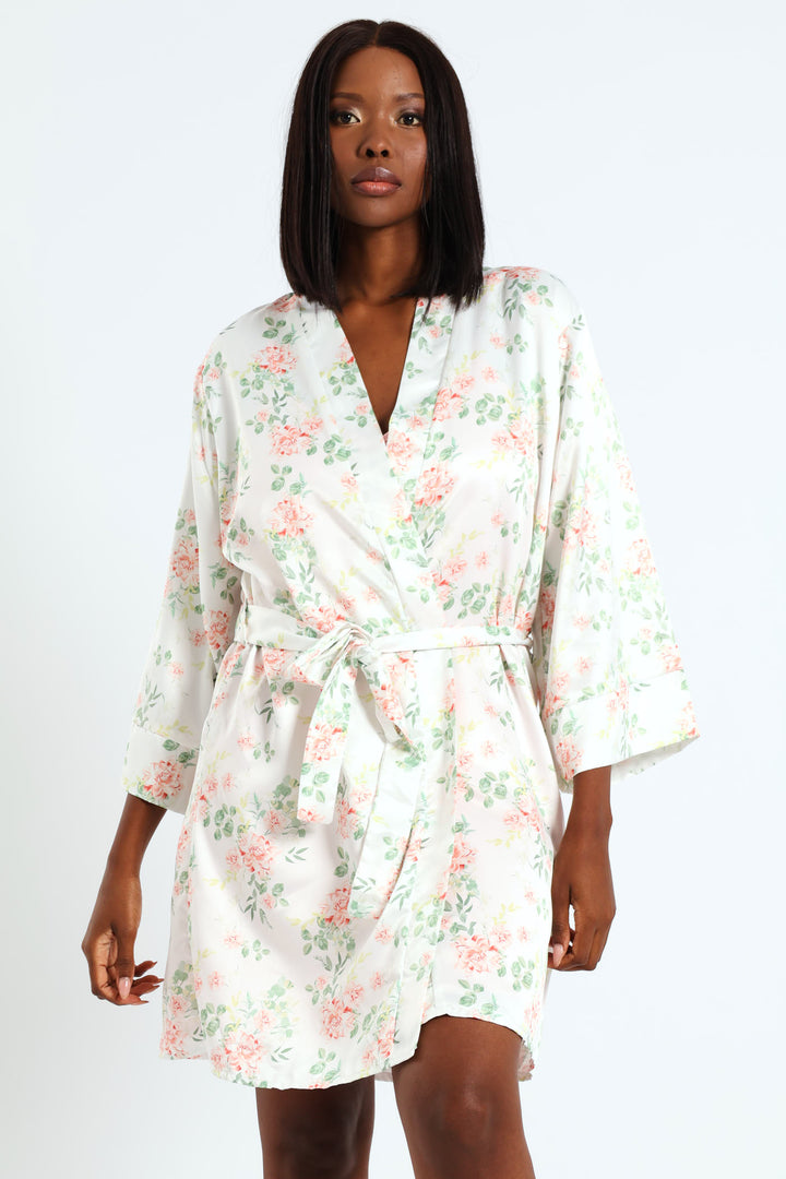 Gown & Floral Chemise Sleep Set  - White/Pink