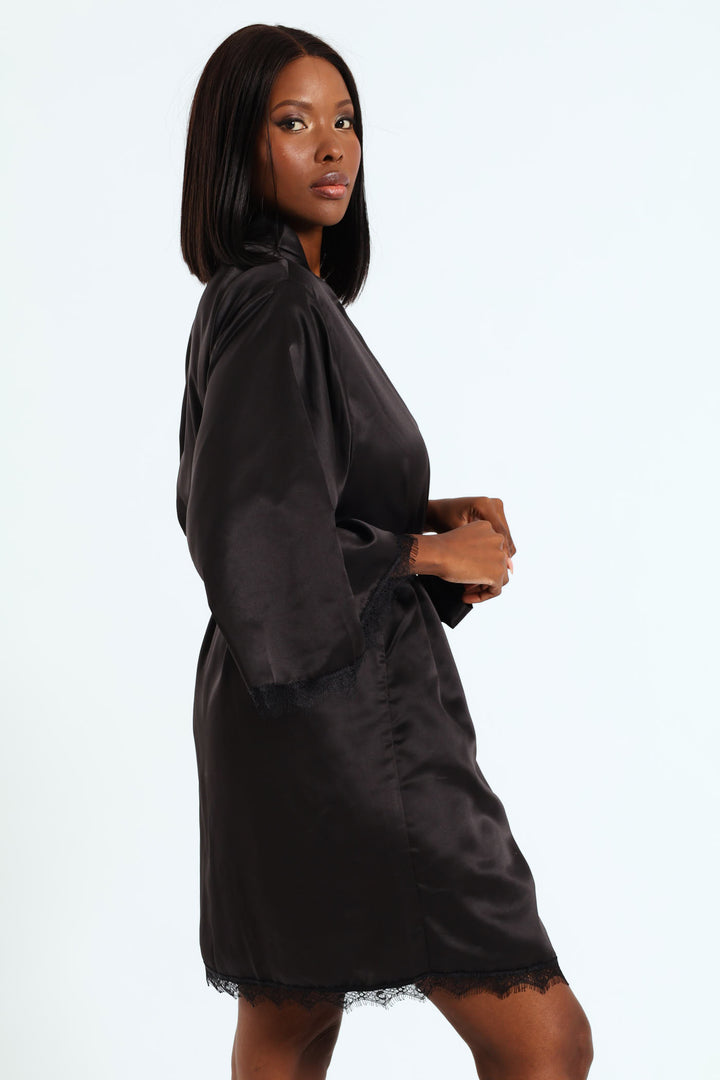 Lace Trim Satin Gown - Black