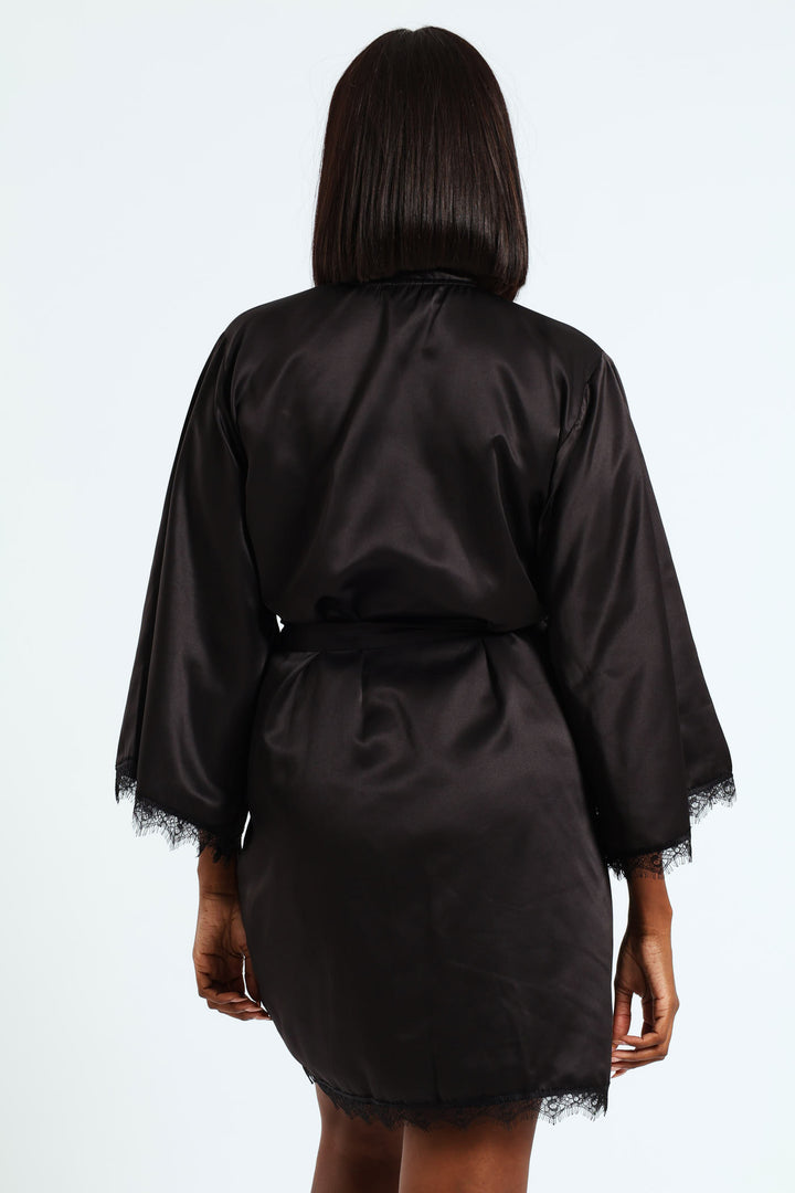 Lace Trim Satin Gown - Black