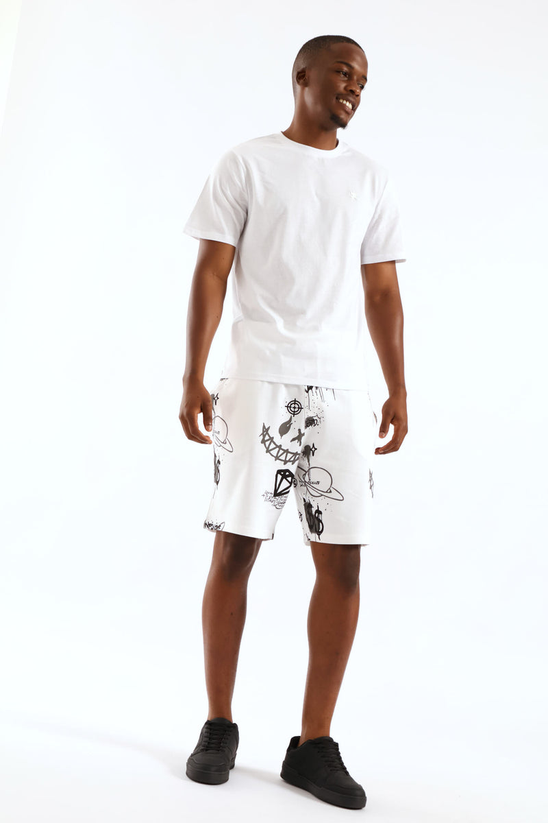Printed Fleece Shorts - White