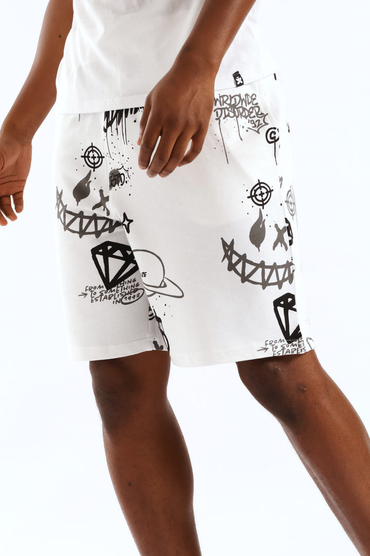 Printed Fleece Shorts - White