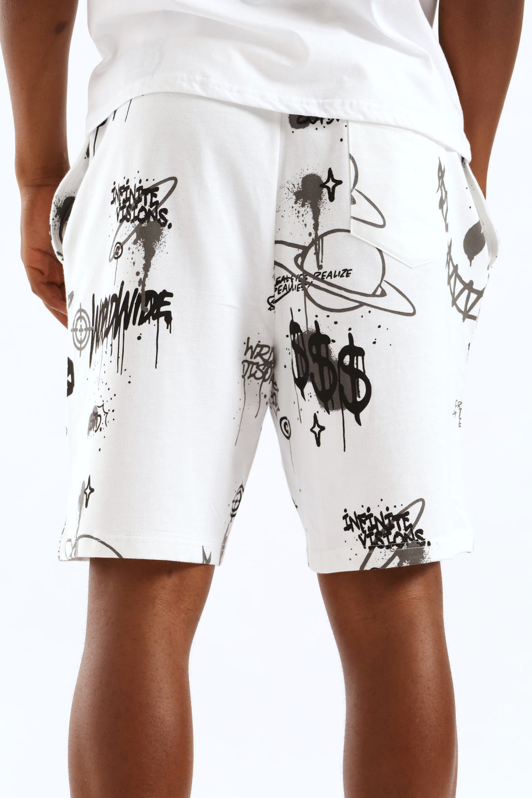 Printed Fleece Shorts - White