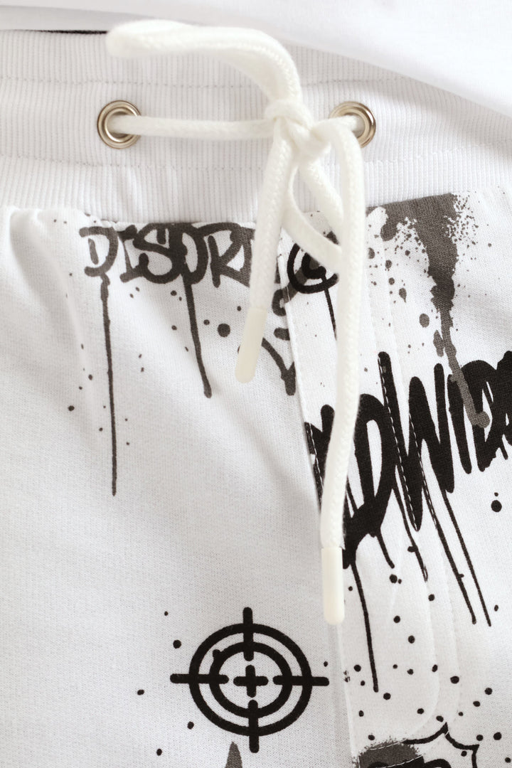 Printed Fleece Shorts - White