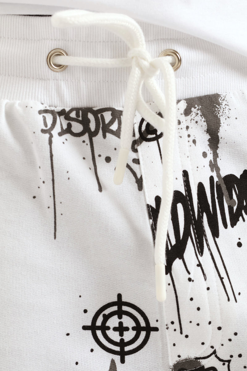 Printed Fleece Shorts - White