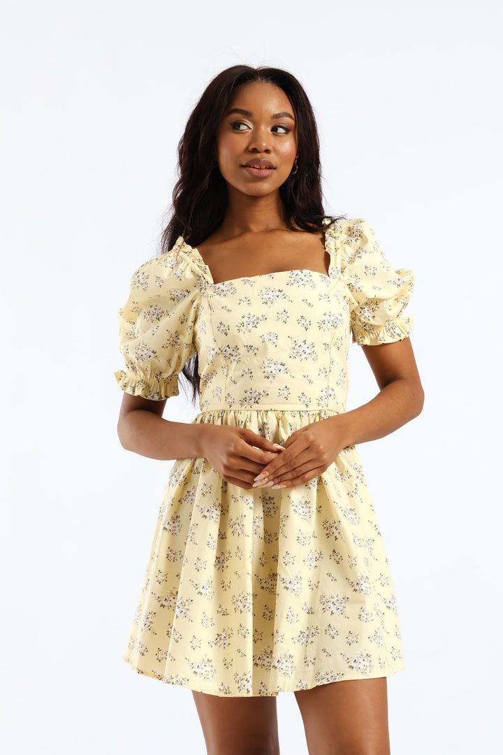 Ditsy Floral Puff Sleeve Mini Dress - Light Yellow