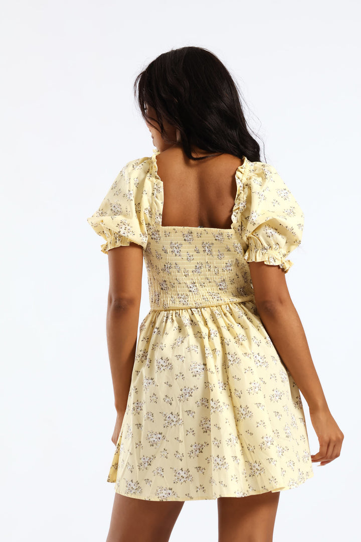 Ditsy Floral Puff Sleeve Mini Dress - Light Yellow