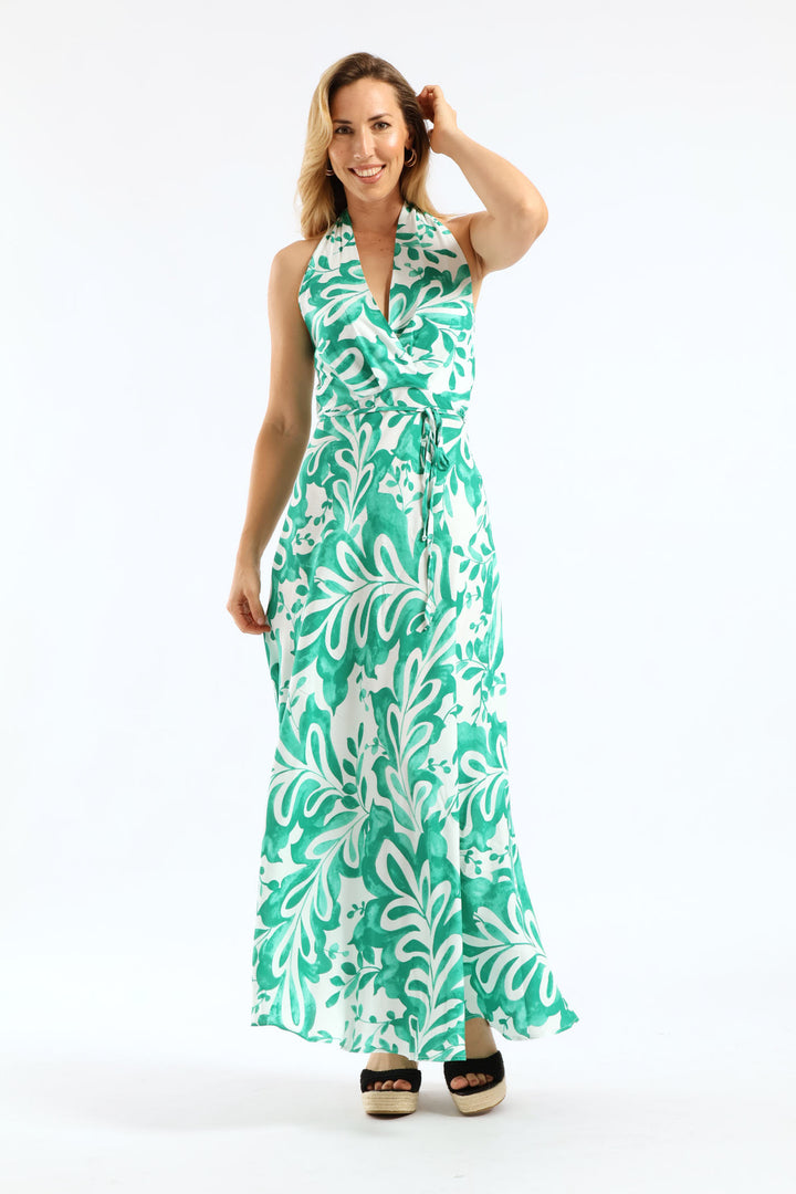 Halter Neck Fit & Flare Midaxi Sundress - White/Green