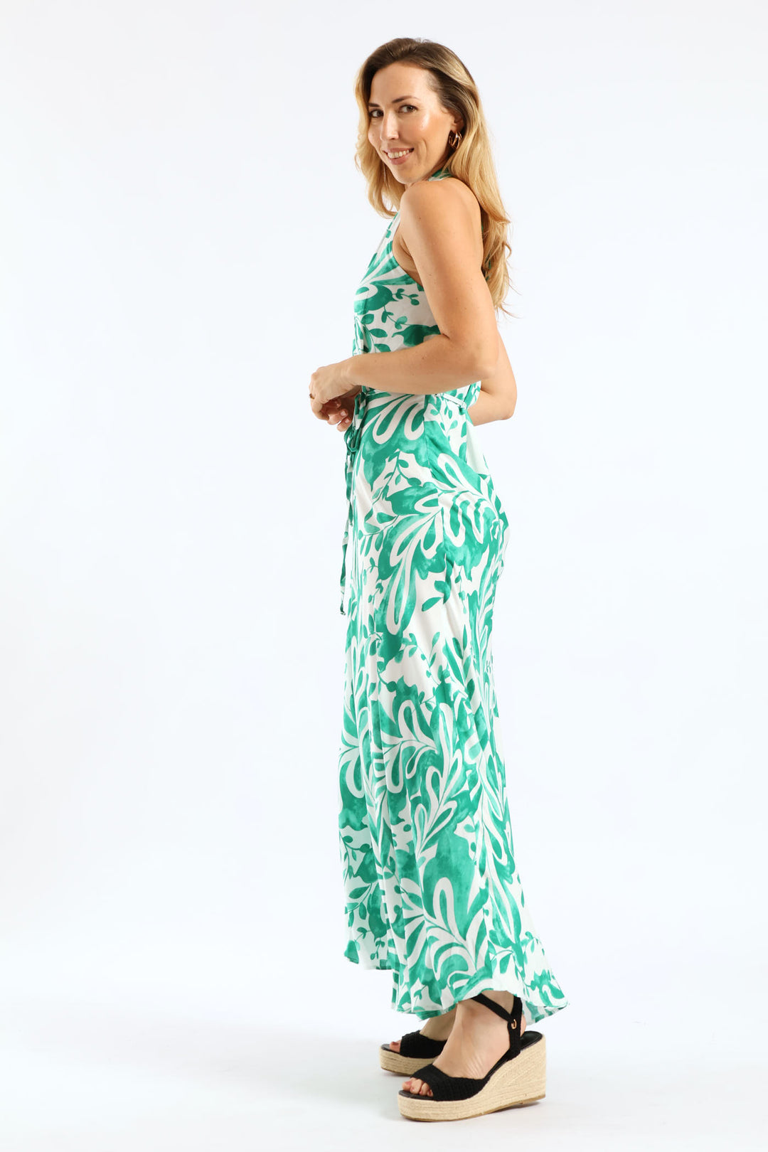 Halter Neck Fit & Flare Midaxi Sundress - White/Green