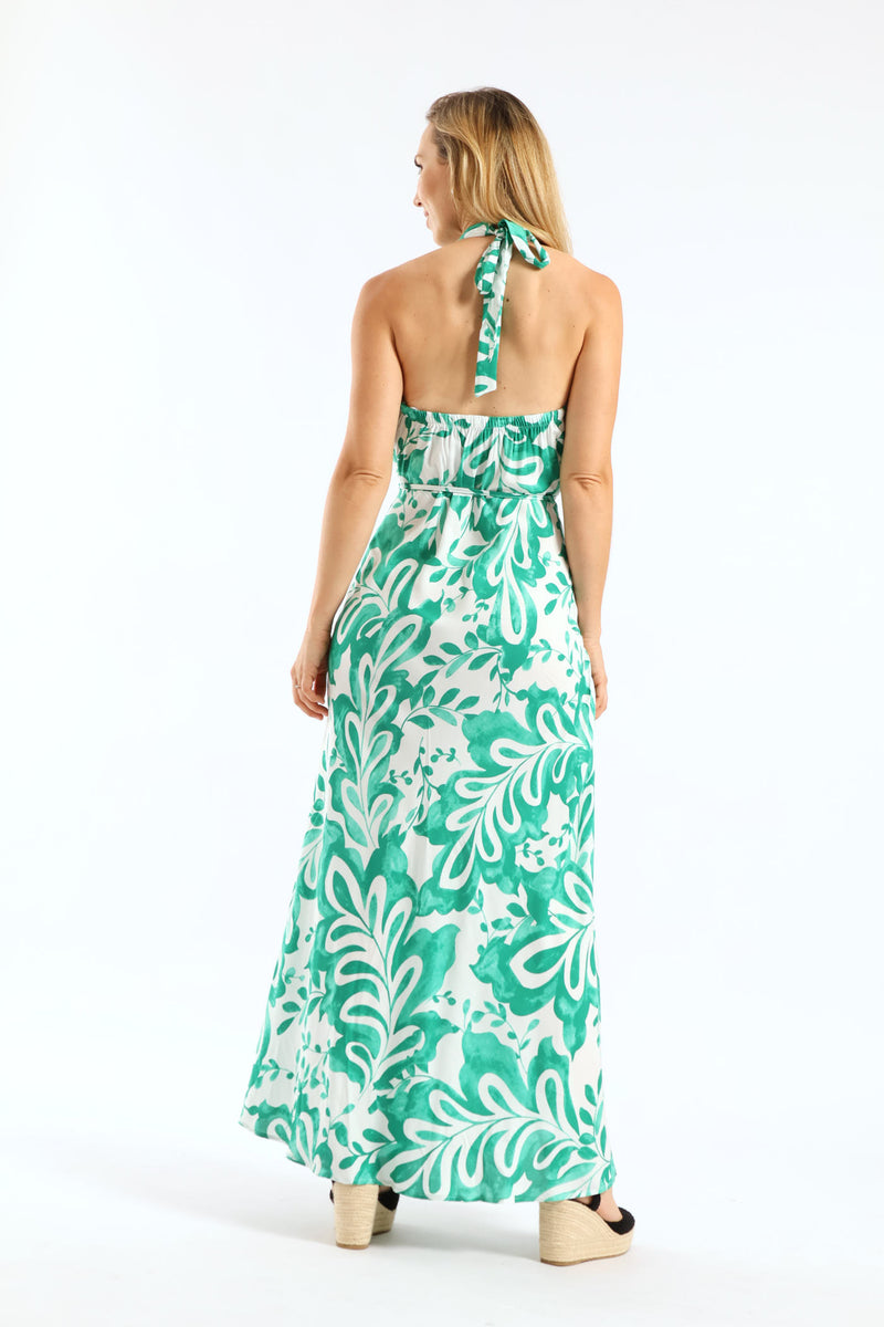 Halter Neck Fit & Flare Midaxi Sundress - White/Green