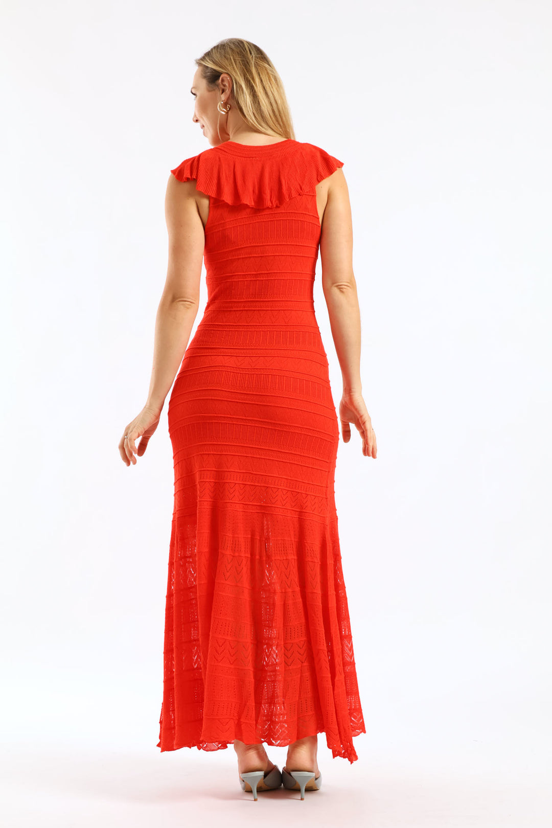 Frill V-Neck Crochet Fit & Flare Maxi Dress - Fiery Red