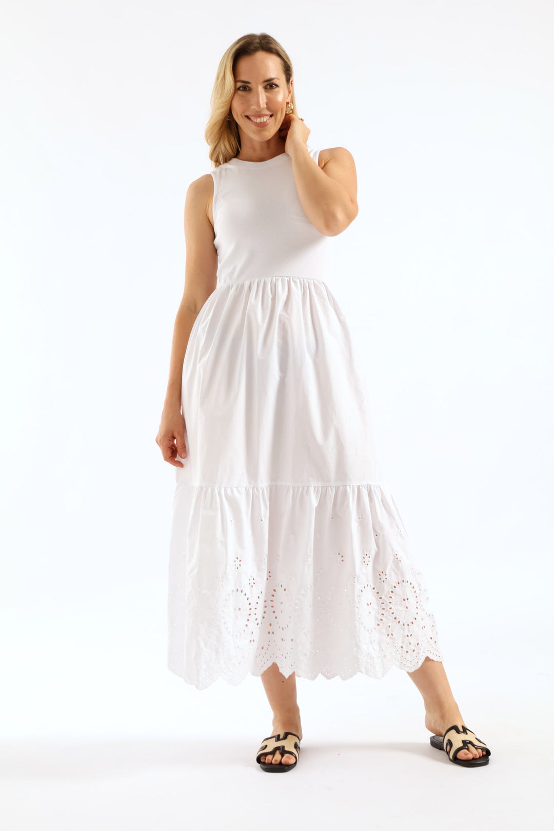 Rib Combo Anglaise Frill Hem Midaxi Dress - White